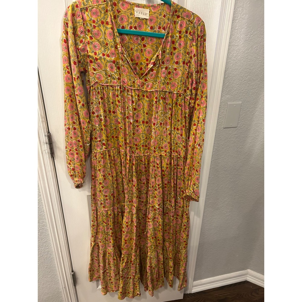 Maelu Maxi Dress Yellow Floral Block Print Tiered Long Sleeve Boho XS